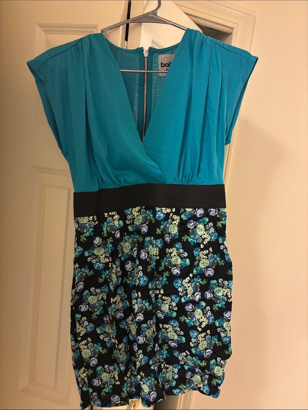 Vivid Teal V-Neck Midi Dress with Floral Skirt
